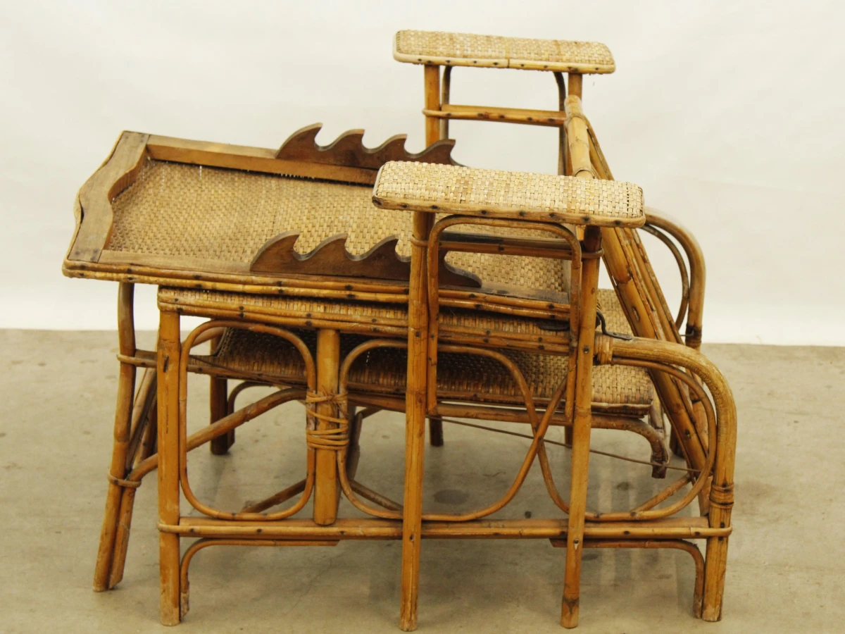 Antieke verstelbare rotan ligstoel met uitschuifbare voetensteun - ca. 1920–1930 - foto 13