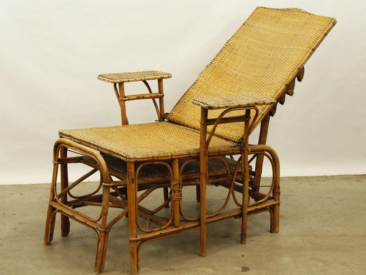 Antieke verstelbare rotan ligstoel met uitschuifbare voetensteun - ca. 1920–1930 - foto 14
