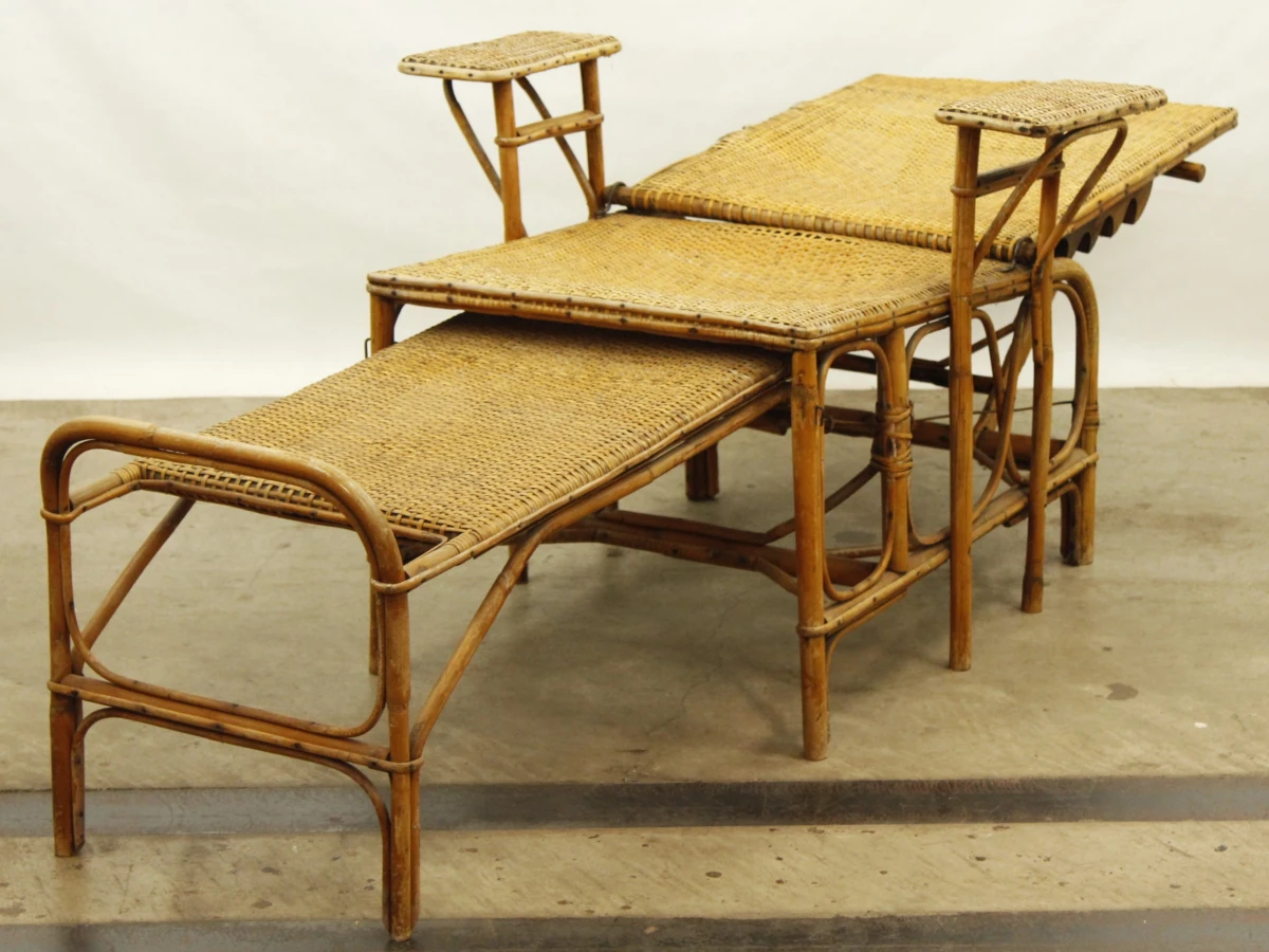Antieke verstelbare rotan ligstoel met uitschuifbare voetensteun - ca. 1920–1930 - foto 17