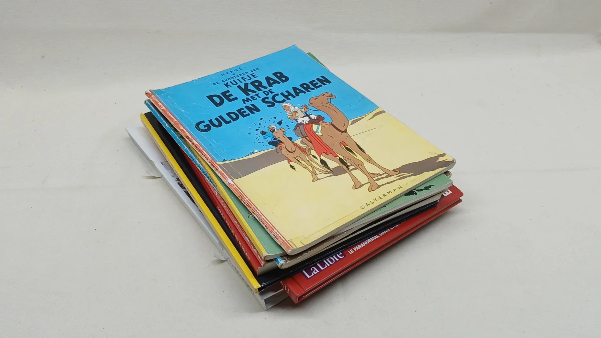 Lot Kuifje met strips, boeken en wandpaneel – kavel bij De Kringwinkel, Zottegem