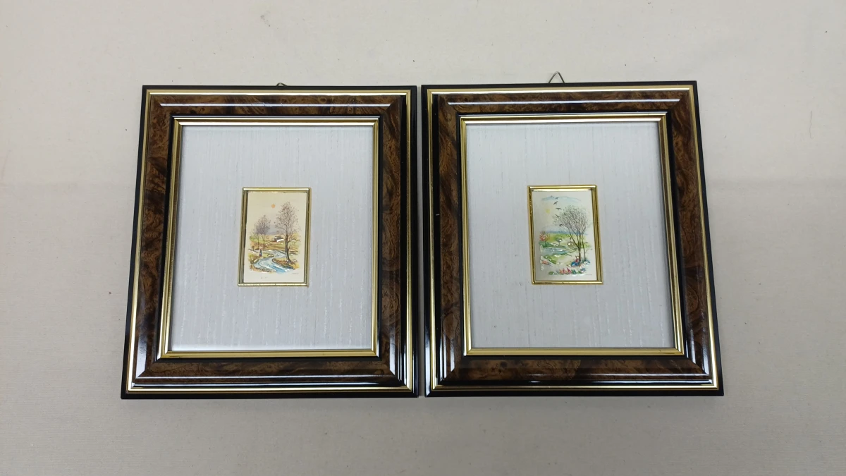 Set van 6 ingelijste kleine kunstwerkjes op zilver- en goudplaat - foto 3