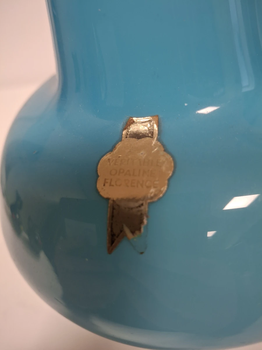 Blauwe vintage vaas met handvat en gouden sticker - foto 5