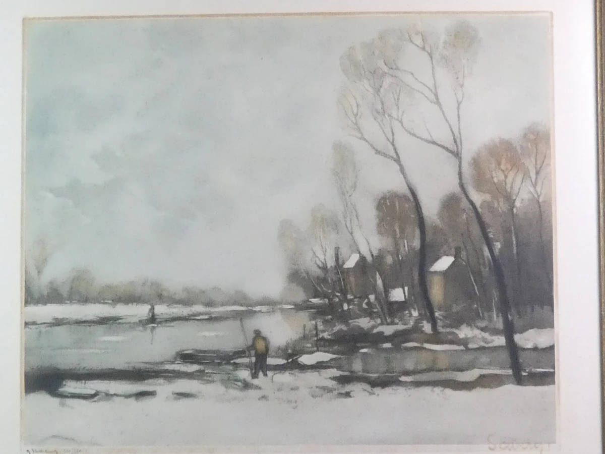 De Leie in de winter - Kleurenlitho - Hebbelinck naar Saverys - foto 2