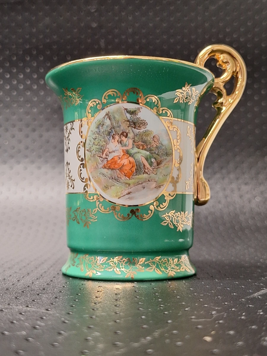 Antieke Porseleinen Mokka- / Espressoset van B&S (Bavaria) - 4 Kop-en-Schotels met Vergulding en Galante Scènes - foto 10