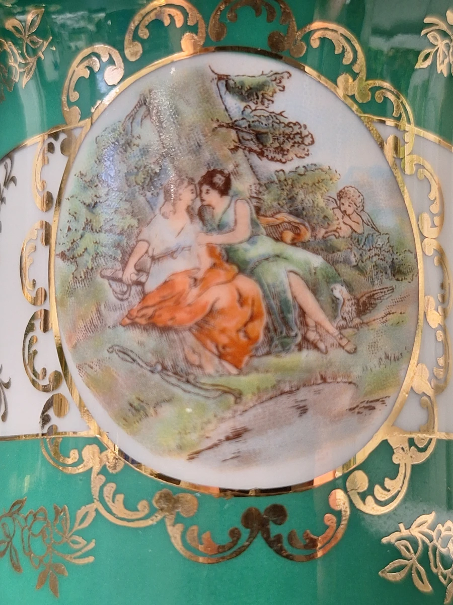 Antieke Porseleinen Mokka- / Espressoset van B&S (Bavaria) - 4 Kop-en-Schotels met Vergulding en Galante Scènes - foto 11