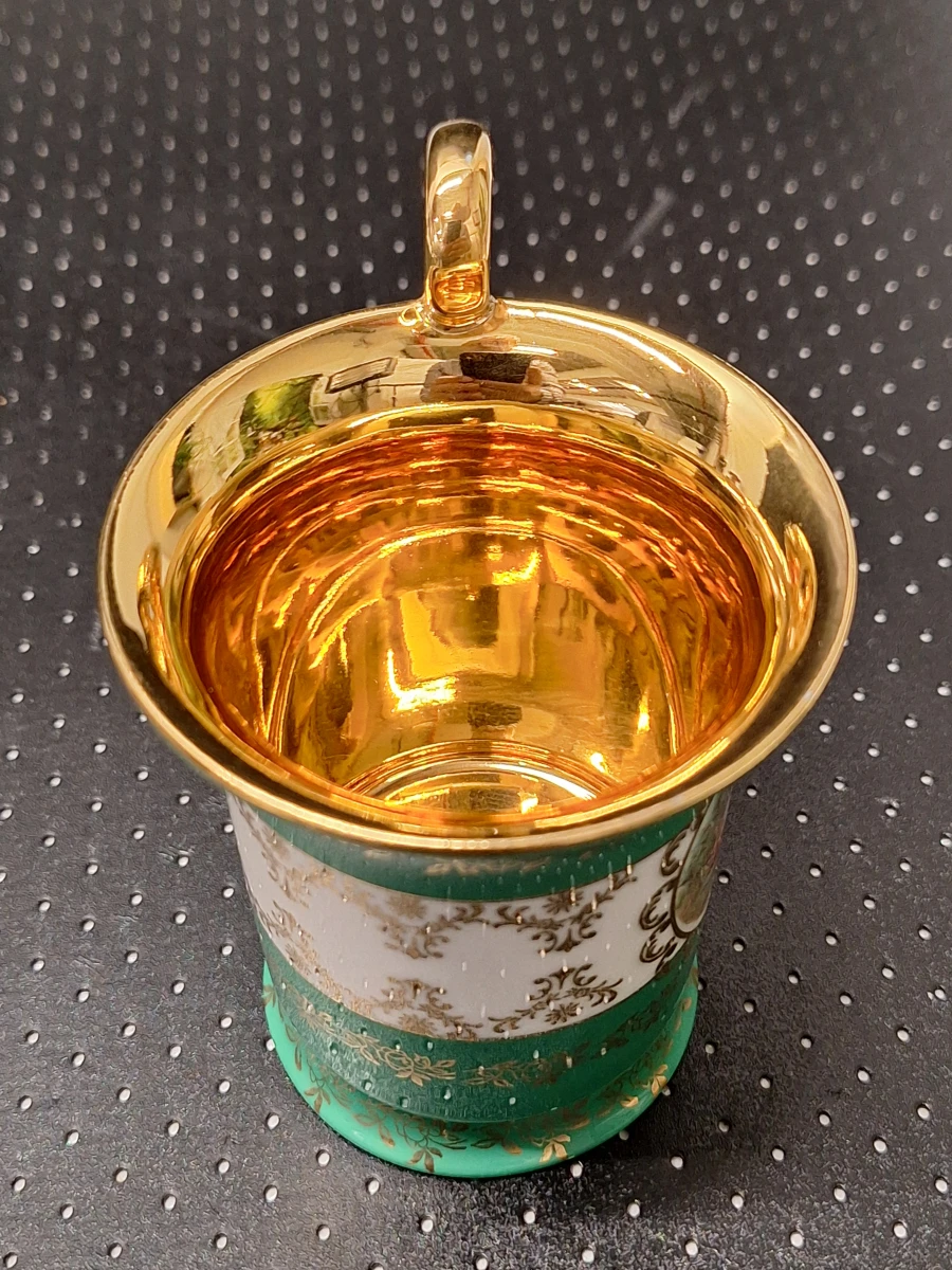 Antieke Porseleinen Mokka- / Espressoset van B&S (Bavaria) - 4 Kop-en-Schotels met Vergulding en Galante Scènes - foto 13
