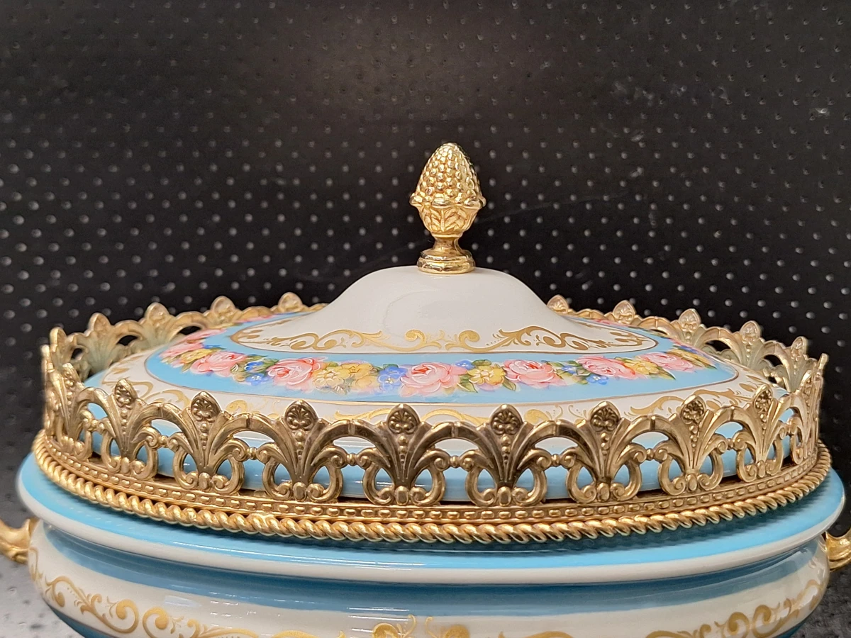 Klassieke Porseleinen Terrine / Bonbonnière met Bronzen Montuur - ACF (Décor de Paris) - foto 8
