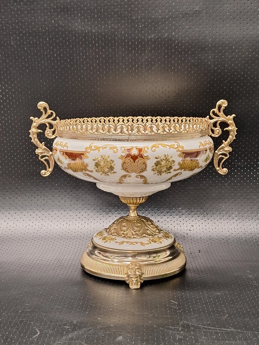 Luxe Klassieke Porseleinen Coupe op Voet - Ceramiche Alfa Italy (Met Messing Beslag) - foto 2