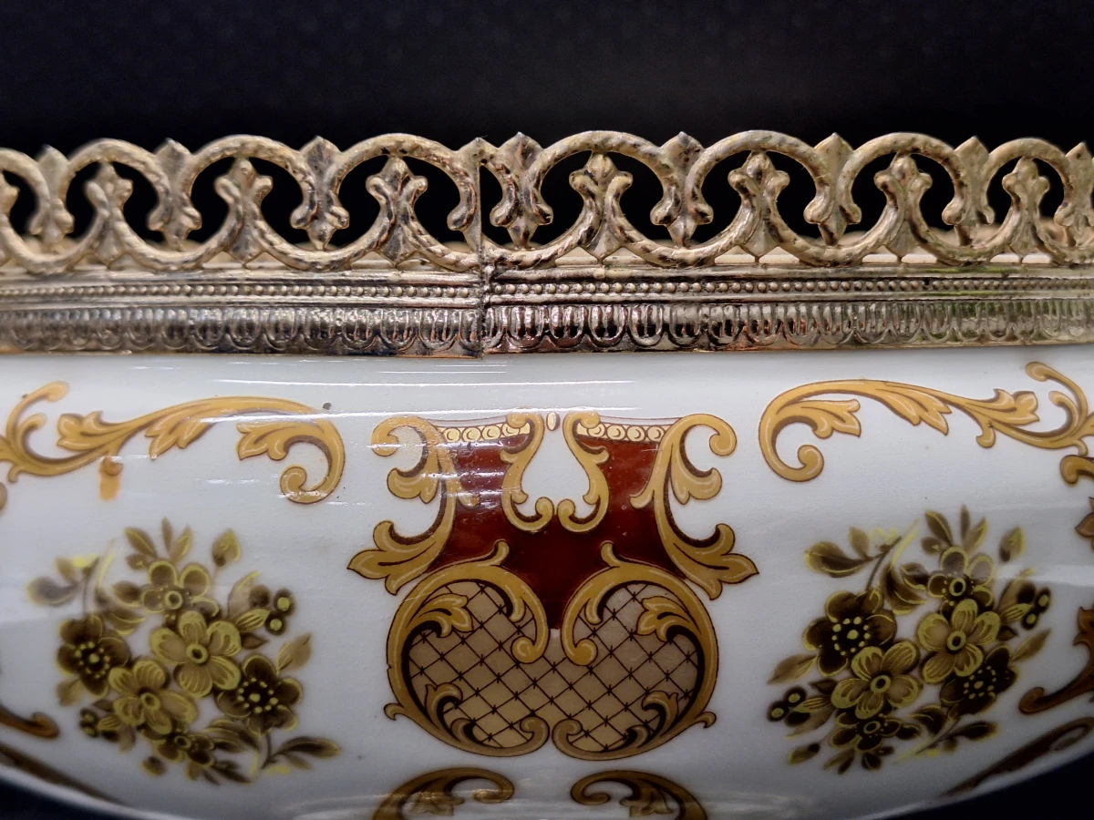 Luxe Klassieke Porseleinen Coupe op Voet - Ceramiche Alfa Italy (Met Messing Beslag) - foto 7