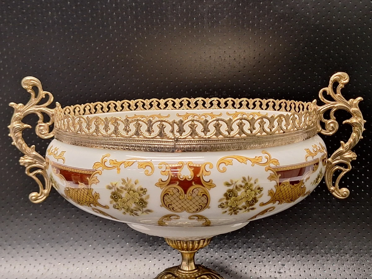 Luxe Klassieke Porseleinen Coupe op Voet - Ceramiche Alfa Italy (Met Messing Beslag) - foto 6
