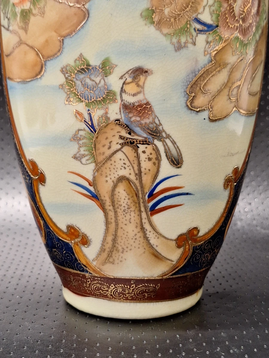Set van 2 Vintage Chinese Satsuma-Stijl Porseleinen Vazen - Vogels & Pioenrozen (Zhongguo Zhizao) - foto 4
