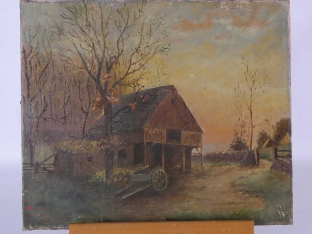 Gesigneerd olieverfschilderij met een boerderij bij zonsondergang - 2010 - foto 2