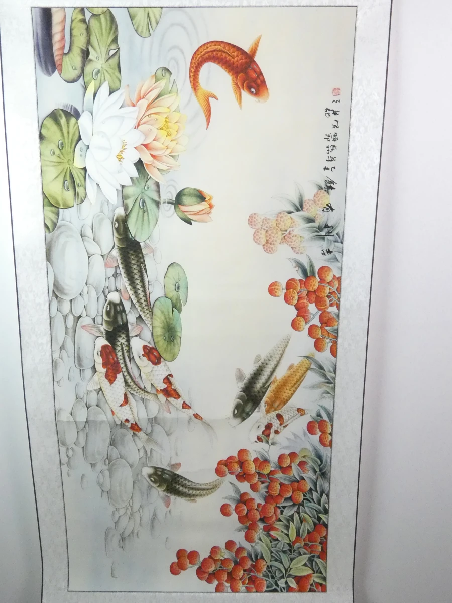 Chinese Hangende Rol – Negen Koi-karpers & Lotus - foto 2