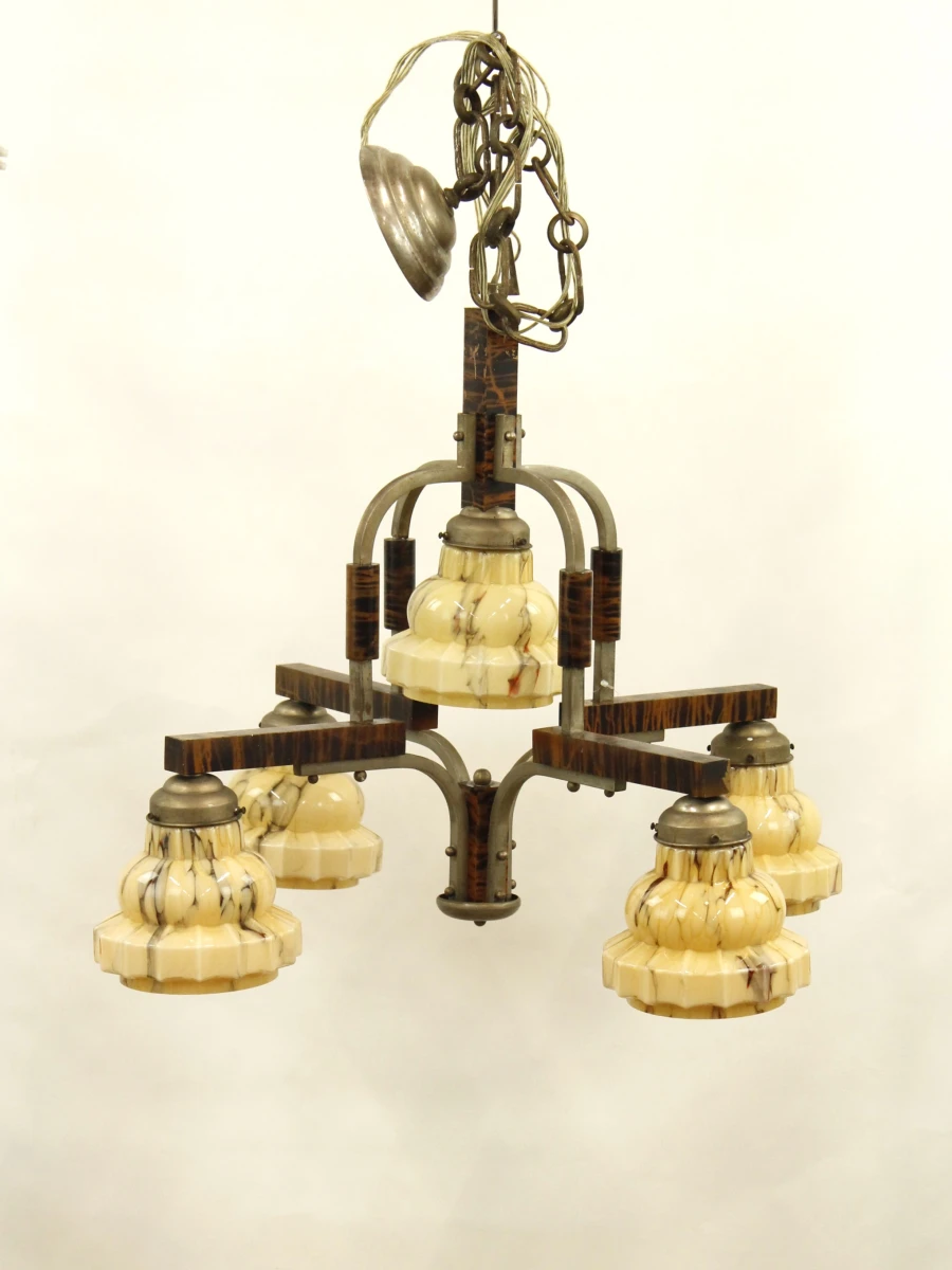 Art Deco luster met 5 gemarmerde glazen kappen (uranium) - jaren '30 - foto 2