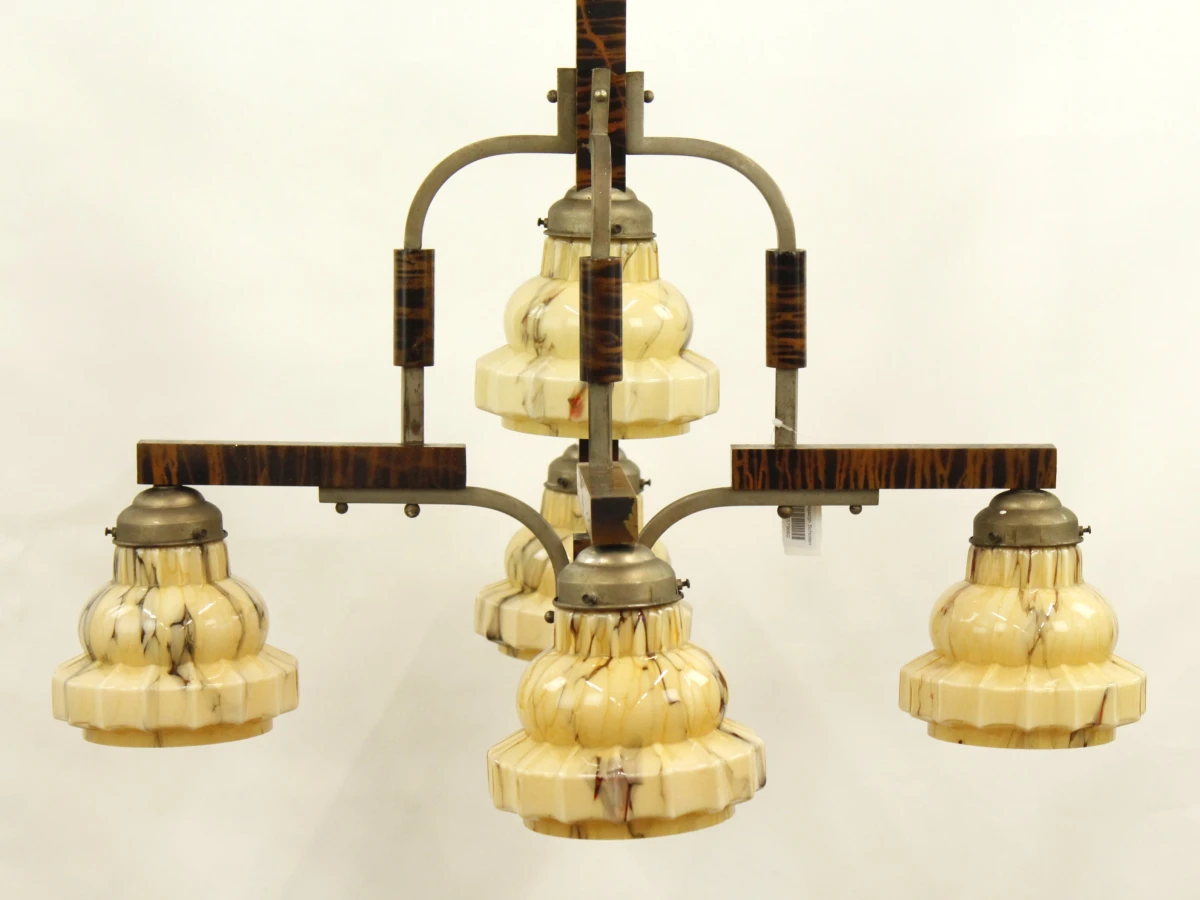Art Deco luster met 5 gemarmerde glazen kappen (uranium) - jaren '30 - foto 3