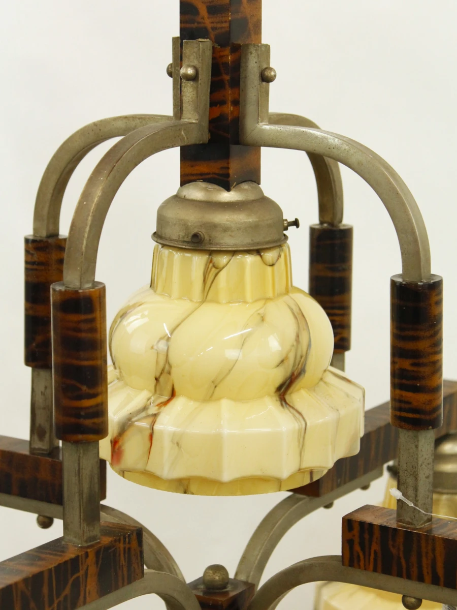 Art Deco luster met 5 gemarmerde glazen kappen (uranium) - jaren '30 - foto 5