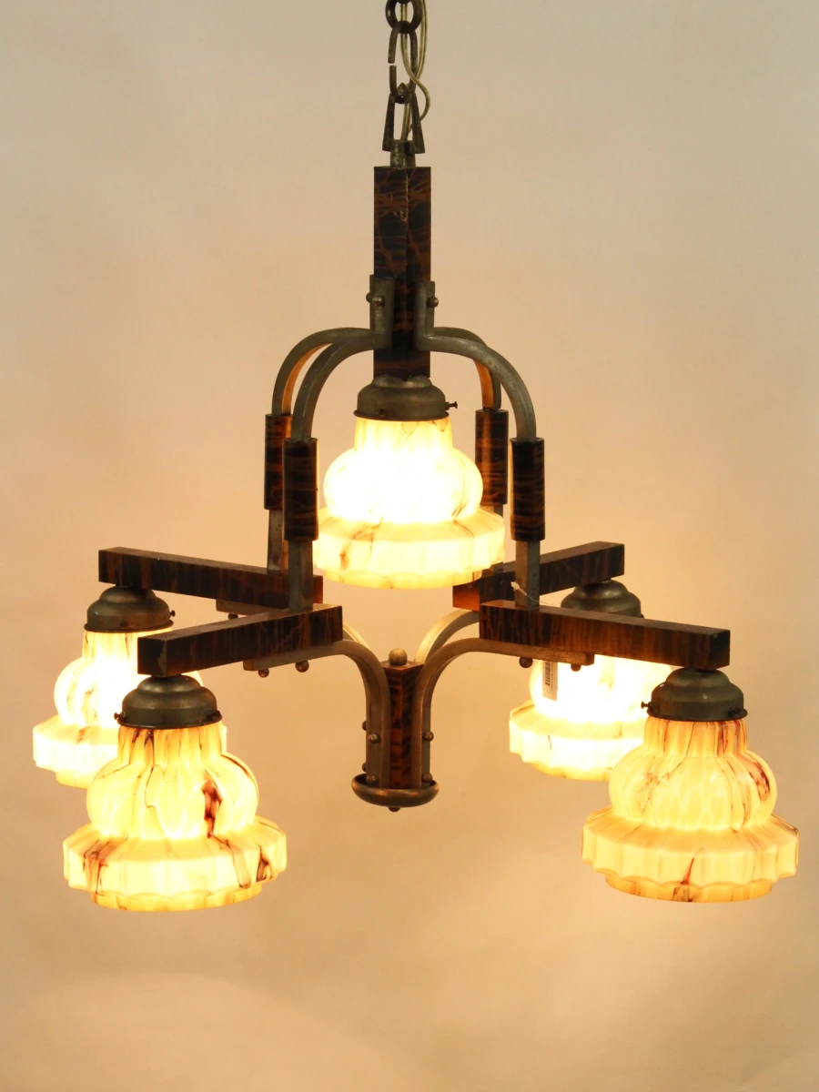 Art Deco luster met 5 gemarmerde glazen kappen (uranium) - jaren '30 - foto 8