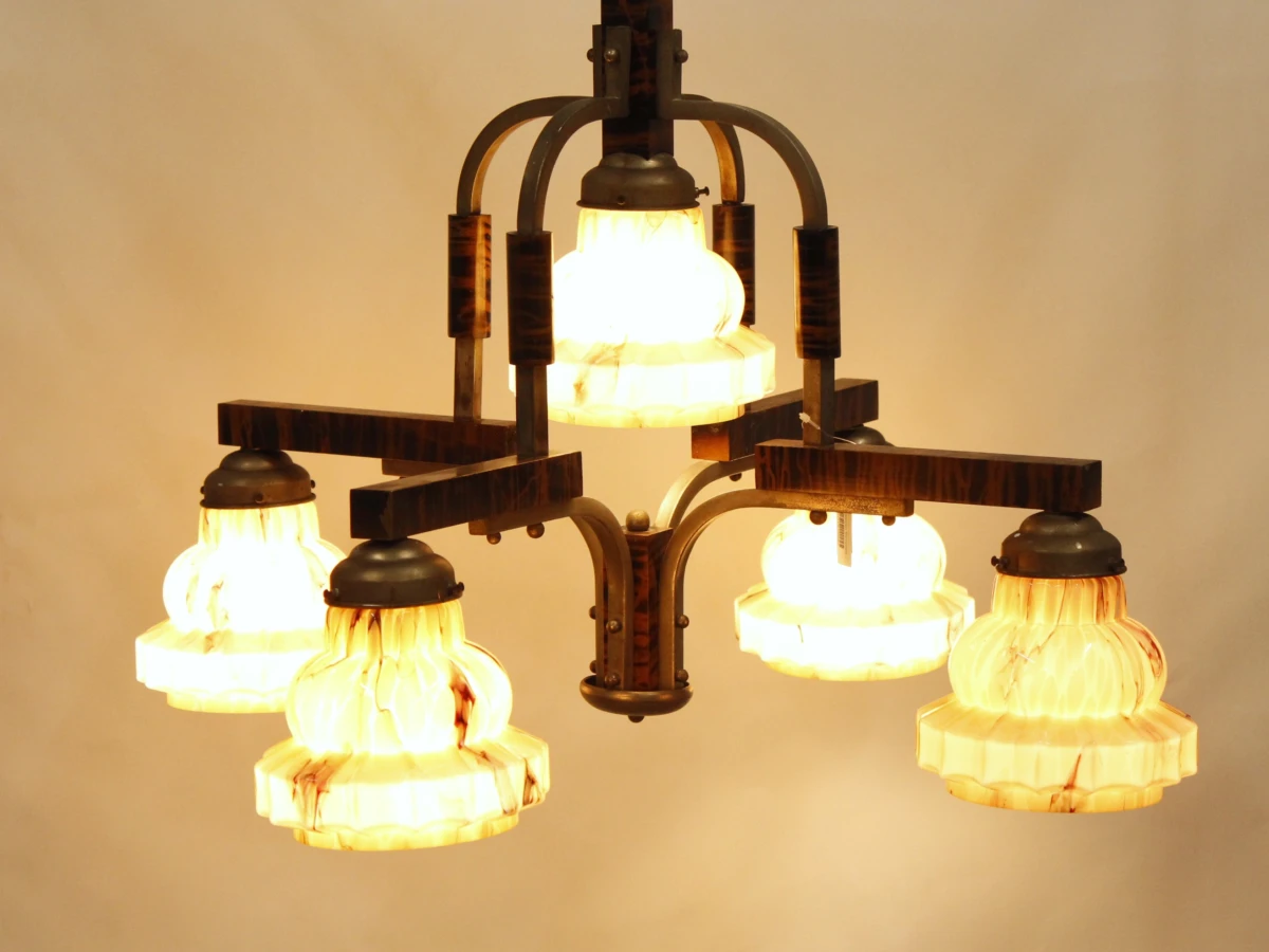 Art Deco luster met 5 gemarmerde glazen kappen (uranium) - jaren '30 - foto 9