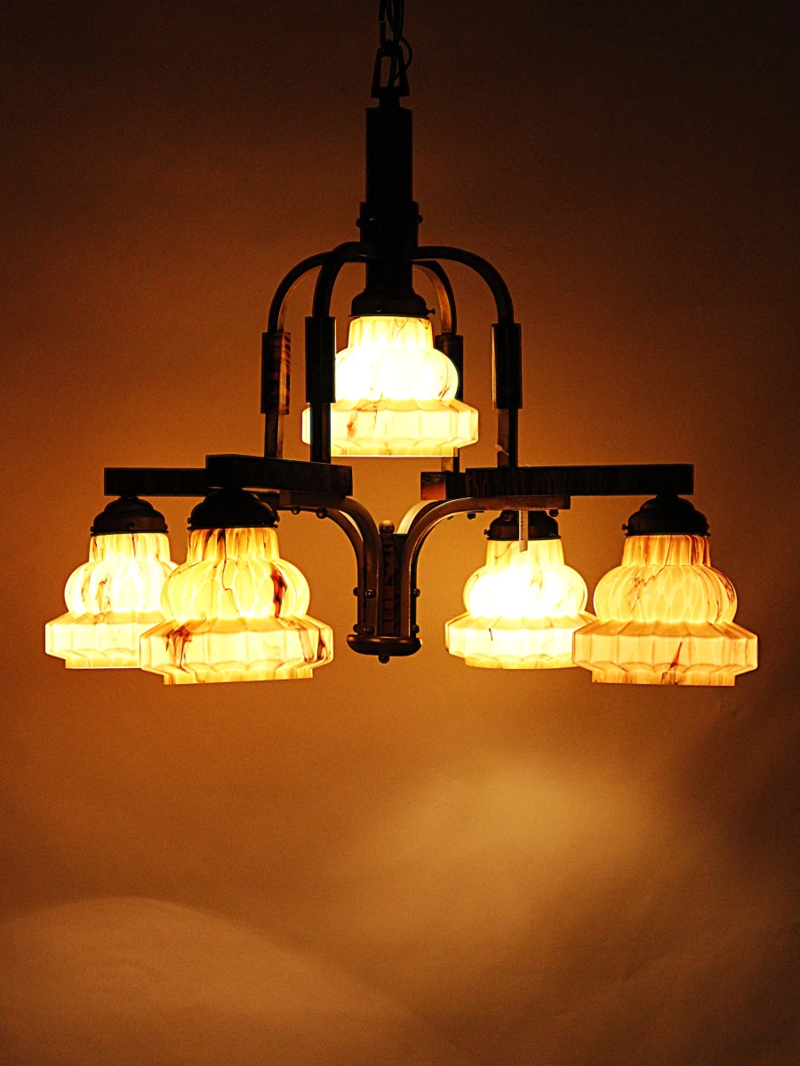 Art Deco luster met 5 gemarmerde glazen kappen (uranium) - jaren '30 - foto 10