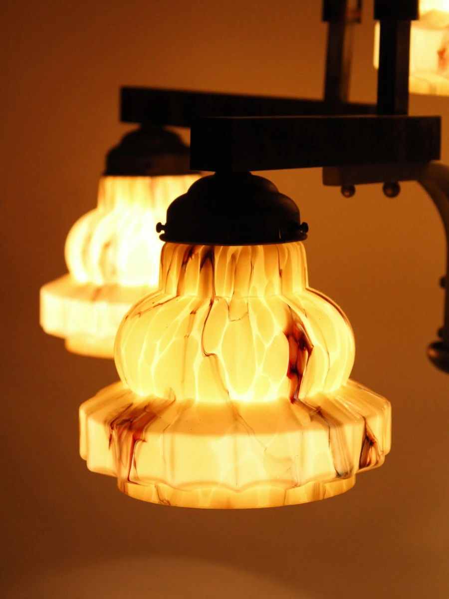 Art Deco luster met 5 gemarmerde glazen kappen (uranium) - jaren '30 - foto 11