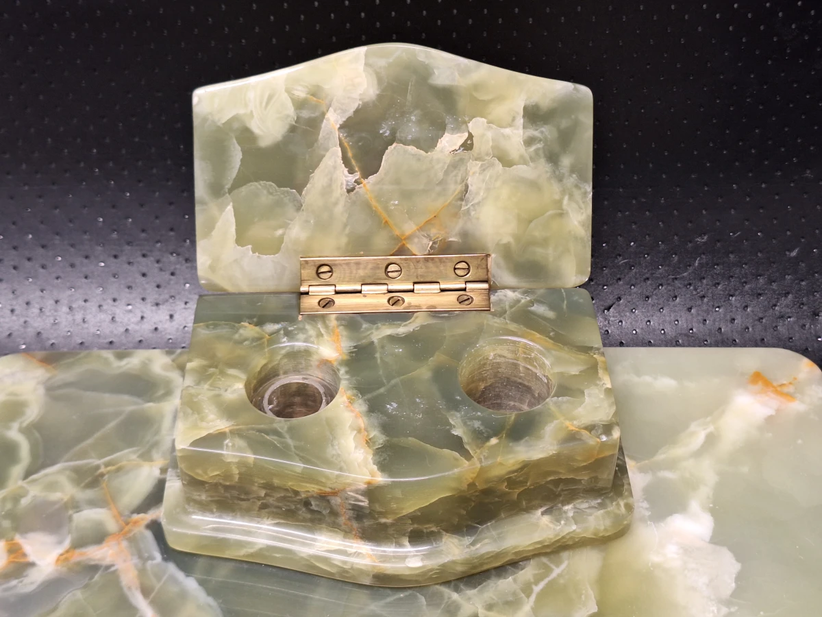 Negendelige set van Art-Deco bureau-accessoires in groen onyx met Weens koudbeschilderd brons - foto 6