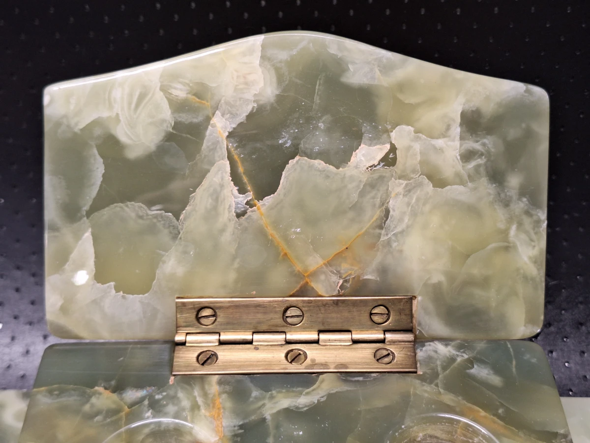 Negendelige set van Art-Deco bureau-accessoires in groen onyx met Weens koudbeschilderd brons - foto 7