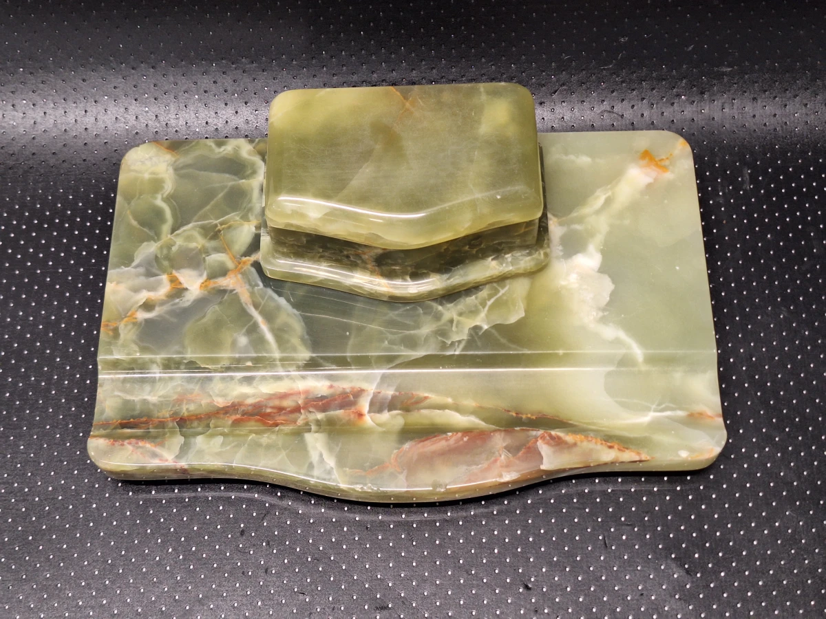 Negendelige set van Art-Deco bureau-accessoires in groen onyx met Weens koudbeschilderd brons - foto 5