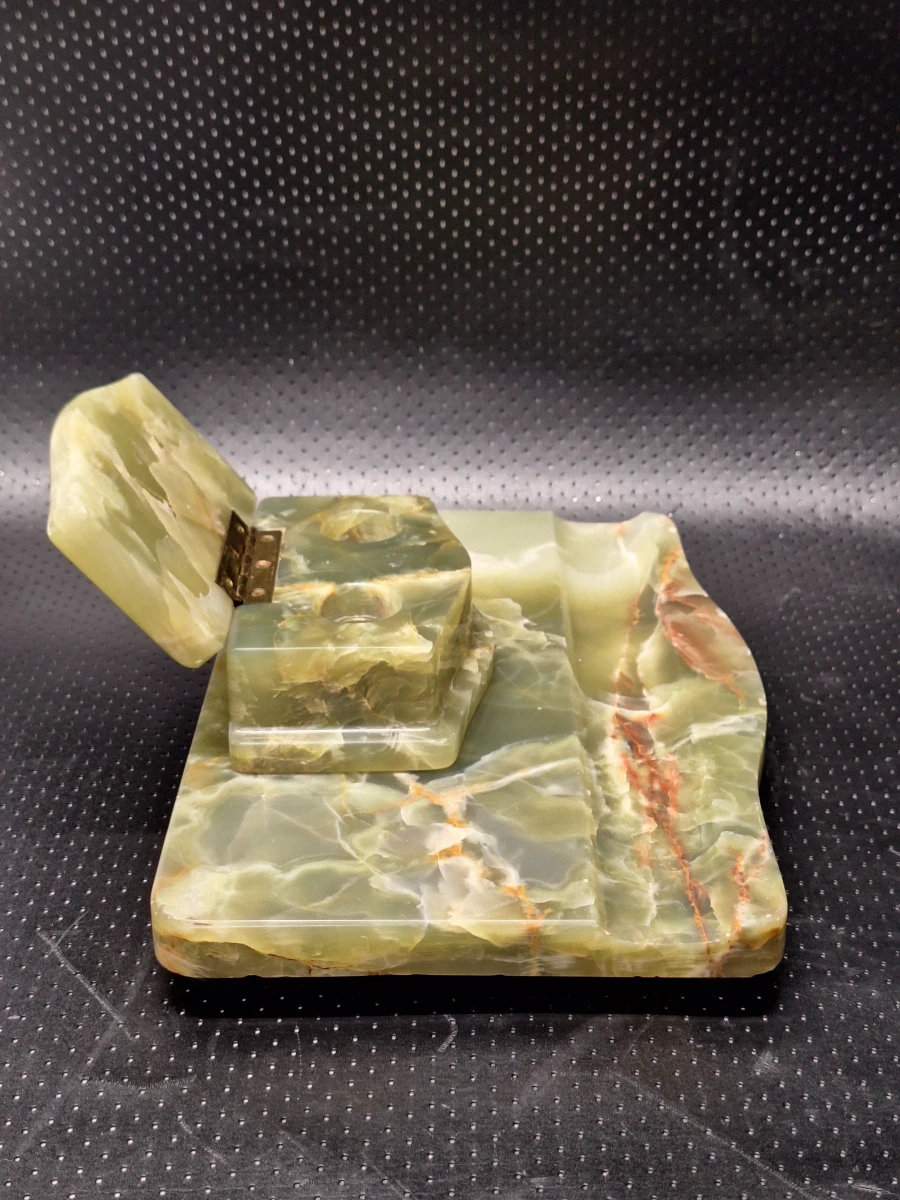 Negendelige set van Art-Deco bureau-accessoires in groen onyx met Weens koudbeschilderd brons - foto 9