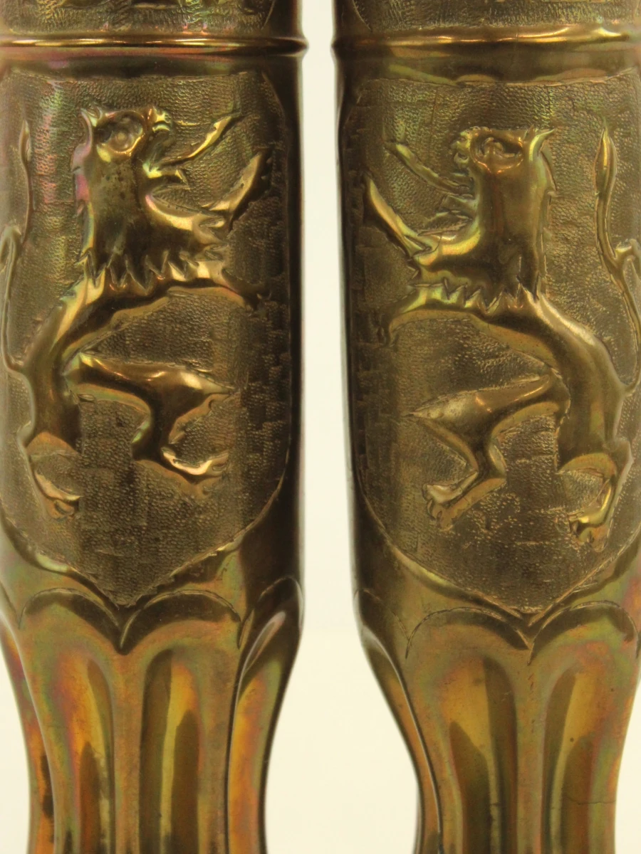 Trench Art set van 2 koperen kogelhuls vazen - foto 2