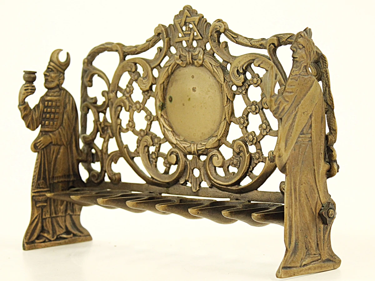 Antieke messing Chanoekalamp - Judaica - Mozes & Aäron - Praag/Bohemen - vermoedelijk 19e eeuw - foto 2