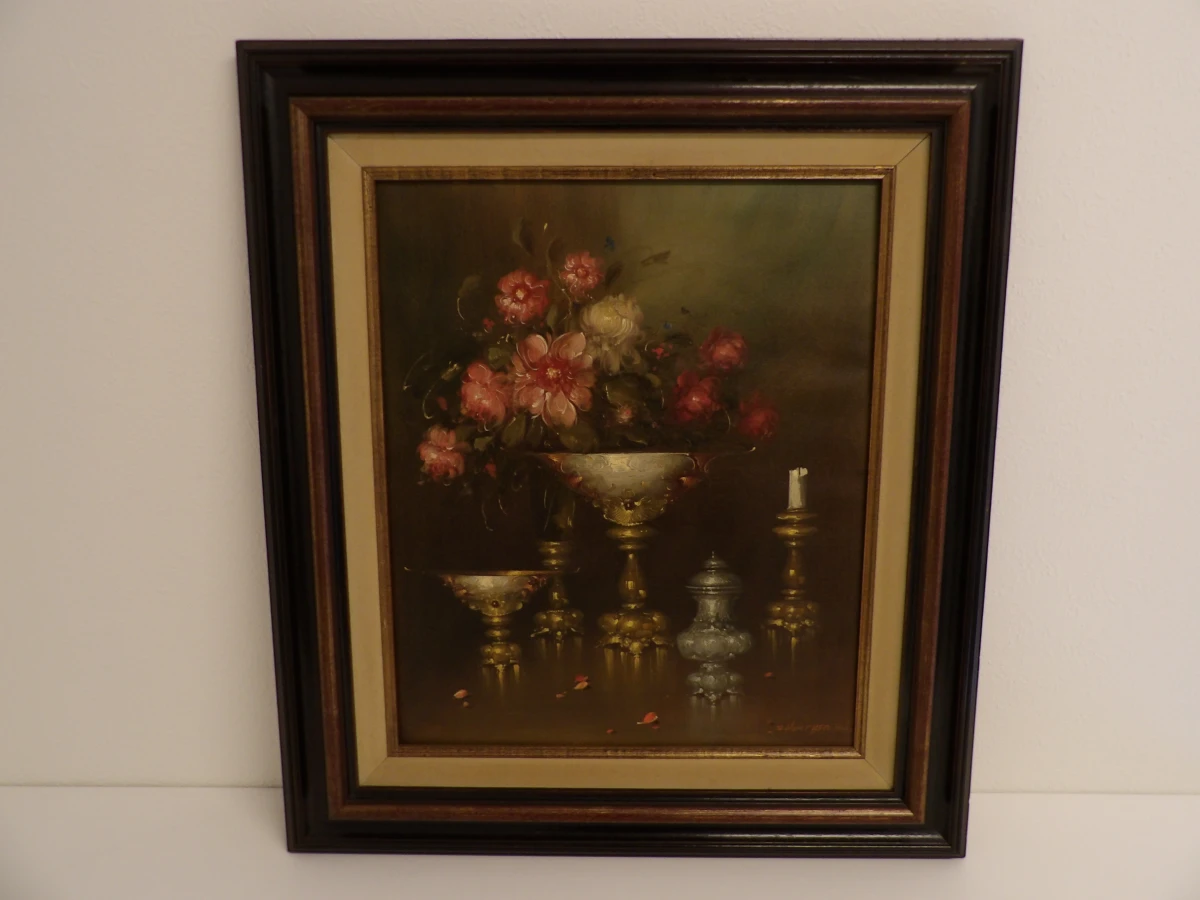 Bloemenstilleven - Olieverf op doek door R.Hunter – kavel bij De Kringwinkel, Leopoldsburg