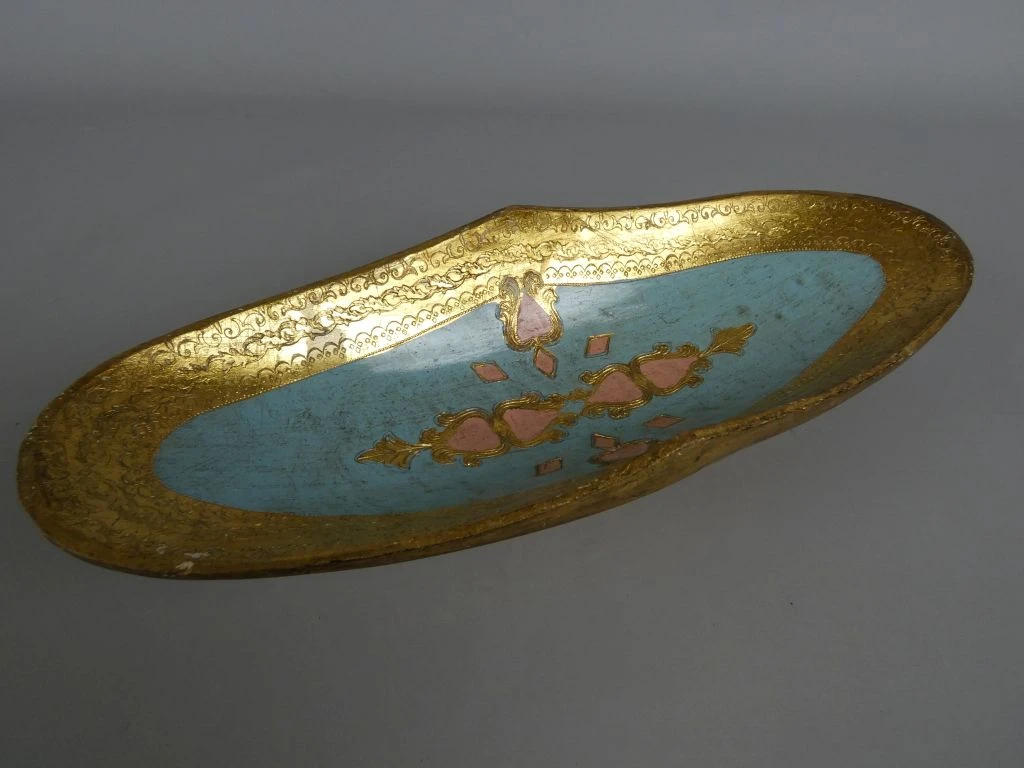 Decoratief houten ovaal schaaltje met goud- en pasteltinten – kavel bij De Kringwinkel, Diest