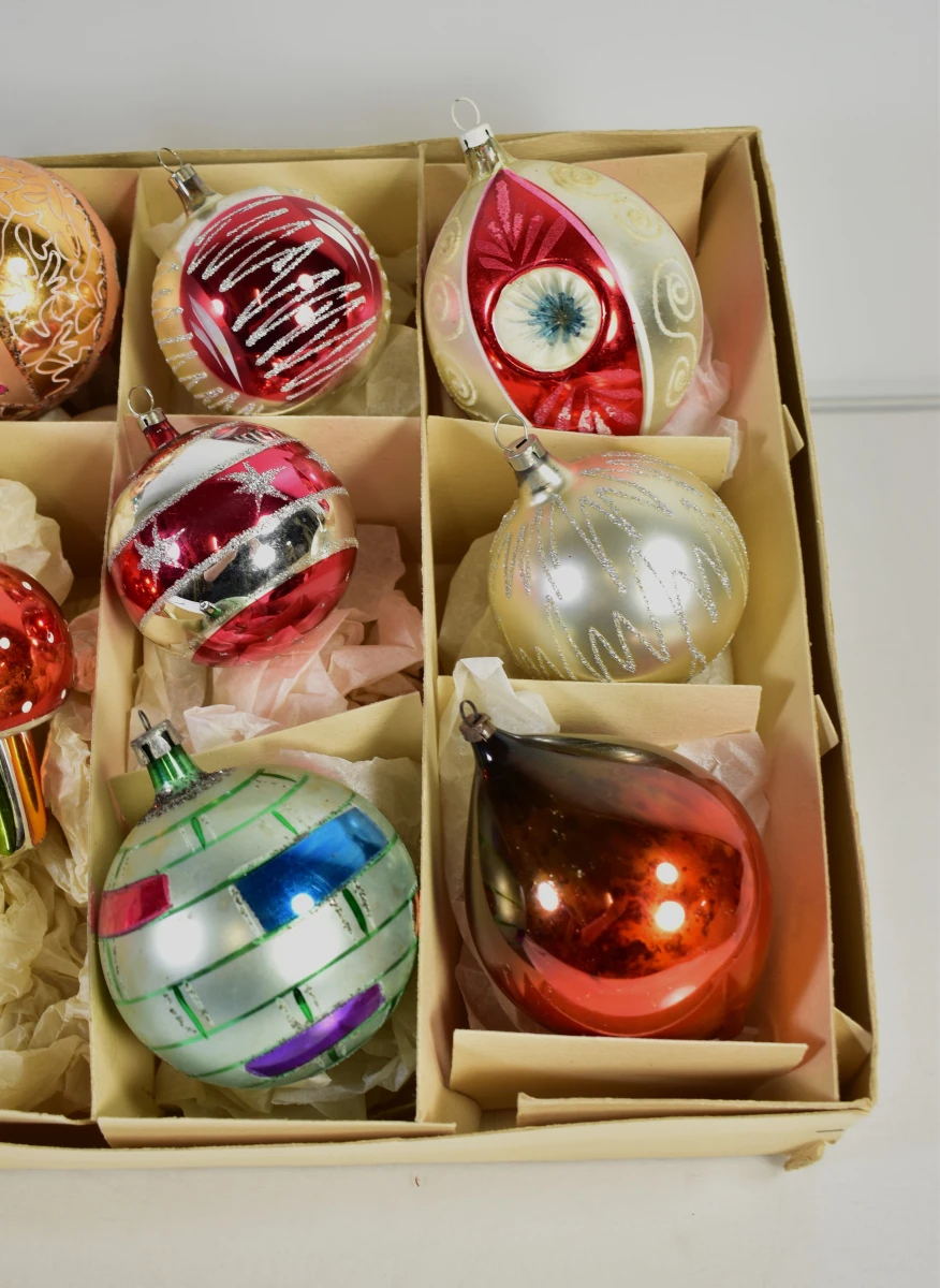 Set van 11 vintage glazen kerstornamenten met reflectoren - foto 3