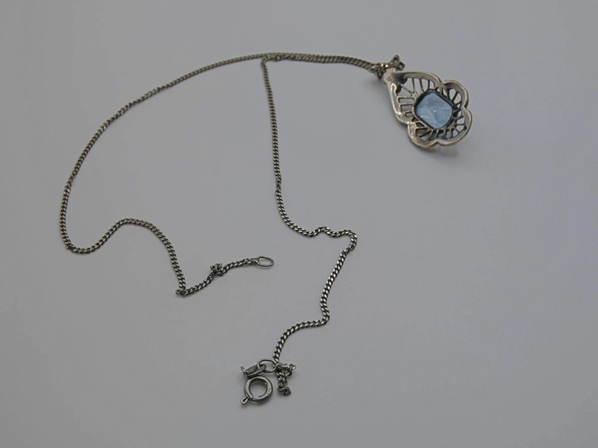 Zilveren Collier met Marcasiet en Blauwe Steen (Art Deco Stijl) - foto 2