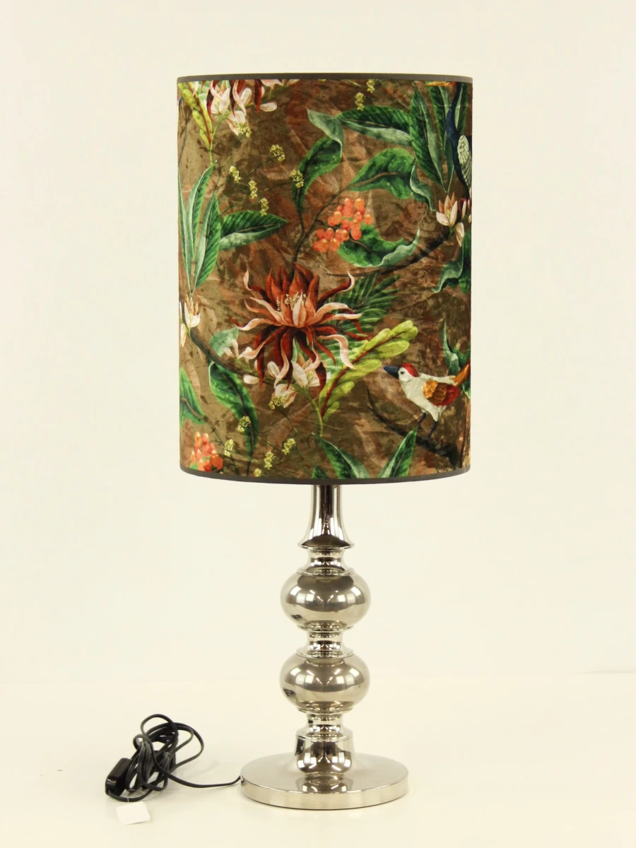 Elegante tafellamp met PASSARO velours lampenkap - kleurrijk tropisch vogelmotief - foto 2