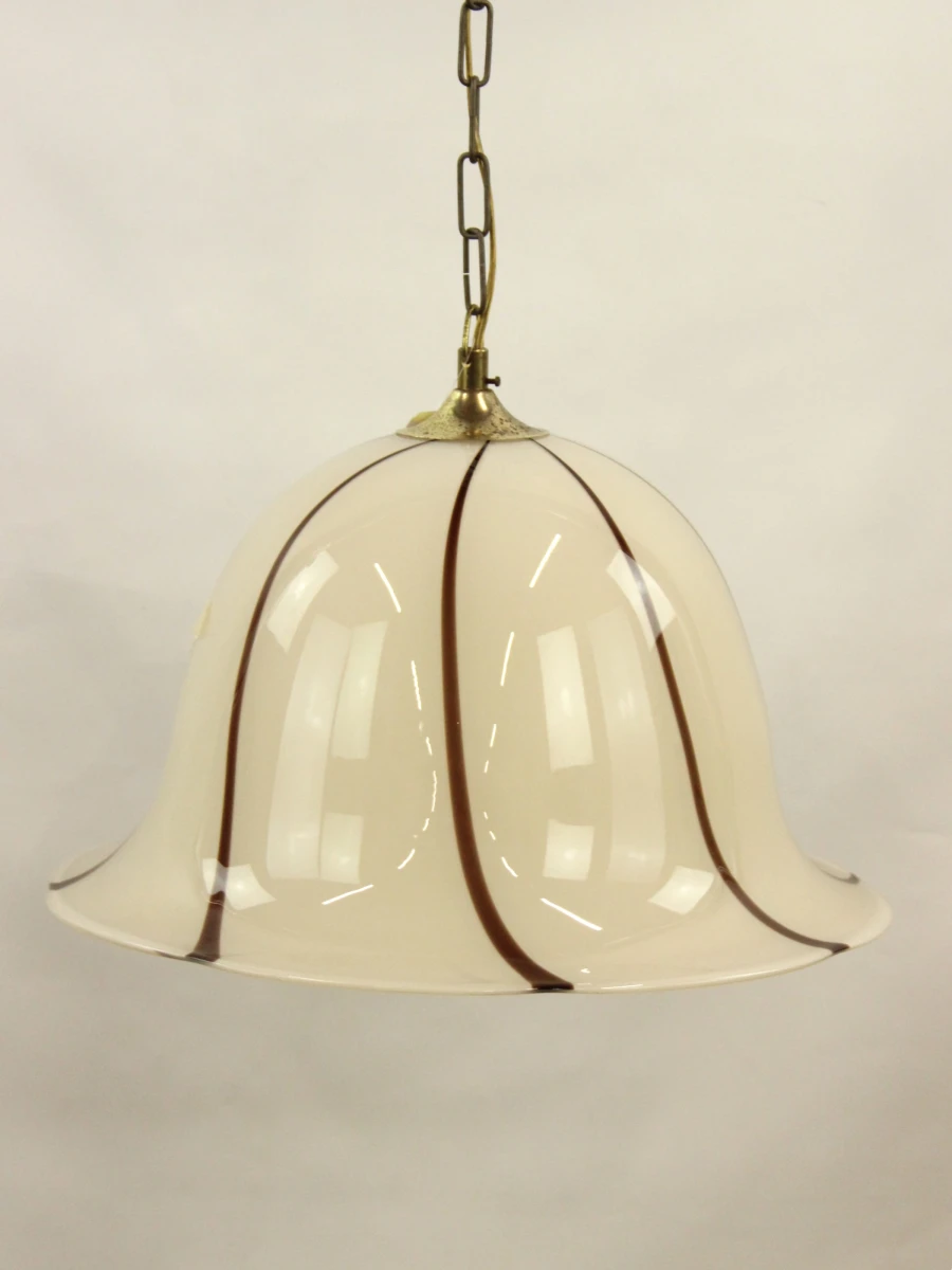Vintage crémékleurige hanglamp in klokvorm  met bruin-bronskleurige lijnen - foto 2