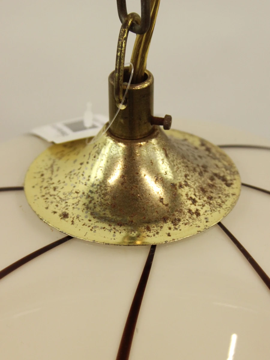 Vintage crémékleurige hanglamp in klokvorm  met bruin-bronskleurige lijnen - foto 4