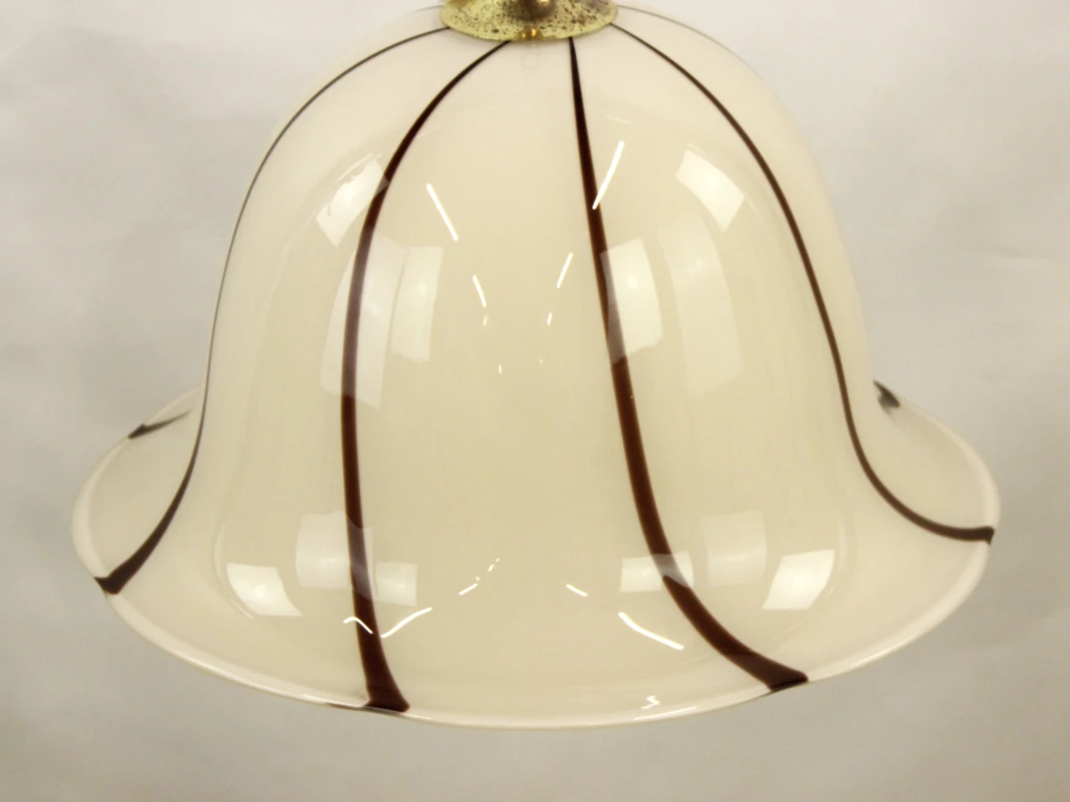 Vintage crémékleurige hanglamp in klokvorm  met bruin-bronskleurige lijnen - foto 6