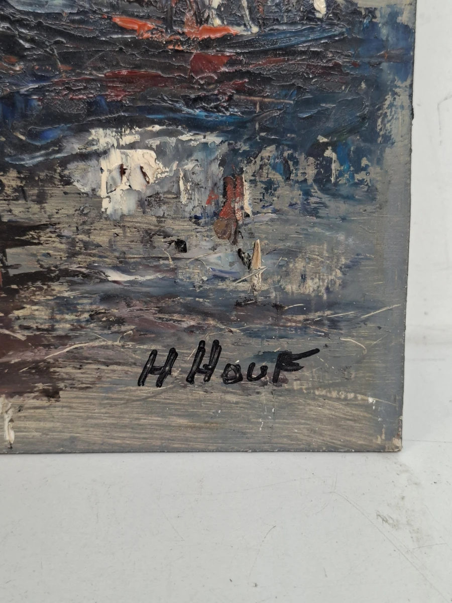 Sfeervol Maritiem Schilderij: Boten in de Haven – Olieverf op Paneel (Gesigneerd H. Houf) - foto 2