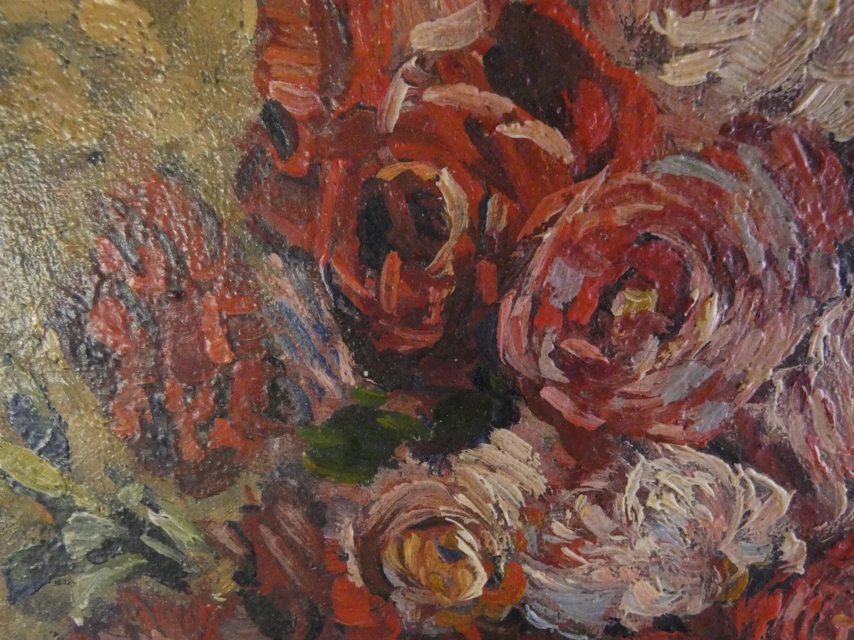 Gesigneerd olieverfschilderij - J.V. Hermans – “Bouquet de Roses dans un Vase” - foto 6