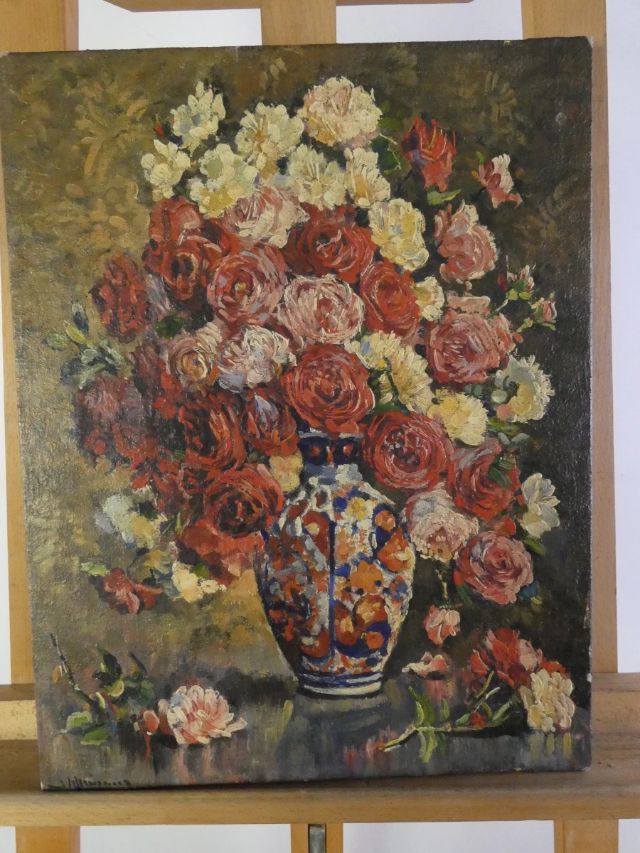 Gesigneerd olieverfschilderij - J.V. Hermans – “Bouquet de Roses dans un Vase” - foto 5