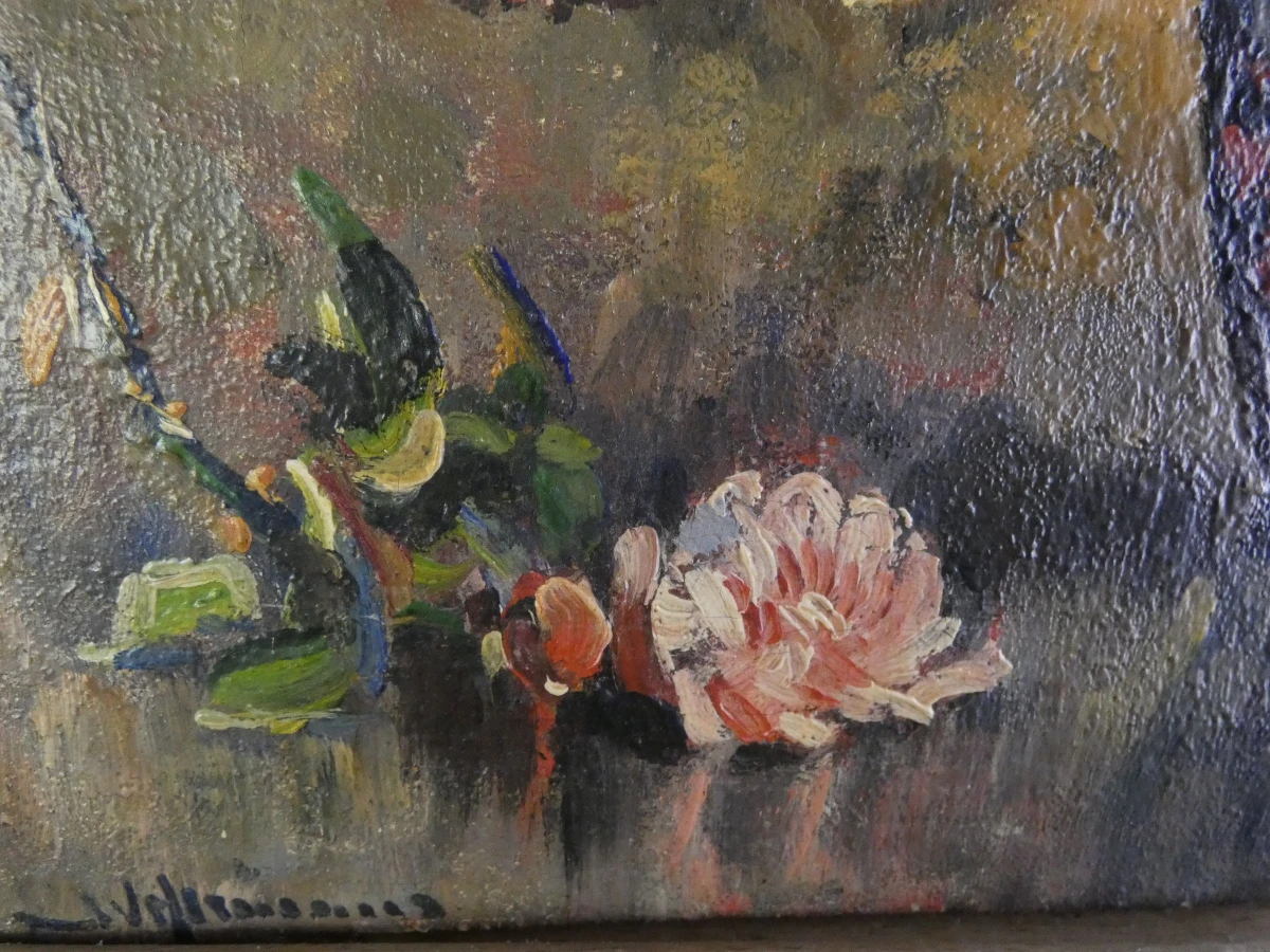 Gesigneerd olieverfschilderij - J.V. Hermans – “Bouquet de Roses dans un Vase” - foto 7