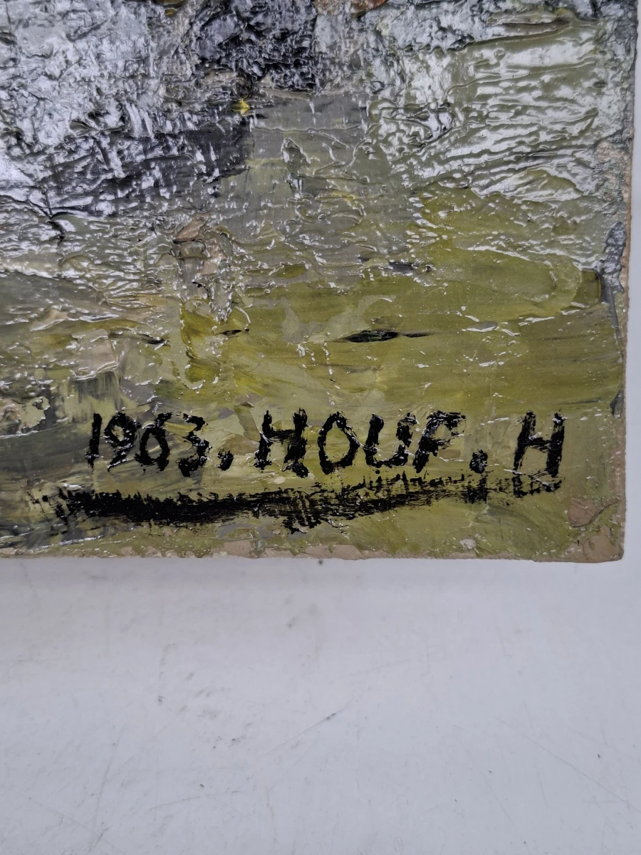 Maritiem Schilderij: Paarden op het Strand bij een Vissersschip – Olieverf uit 1963 (H. Houf) - foto 2