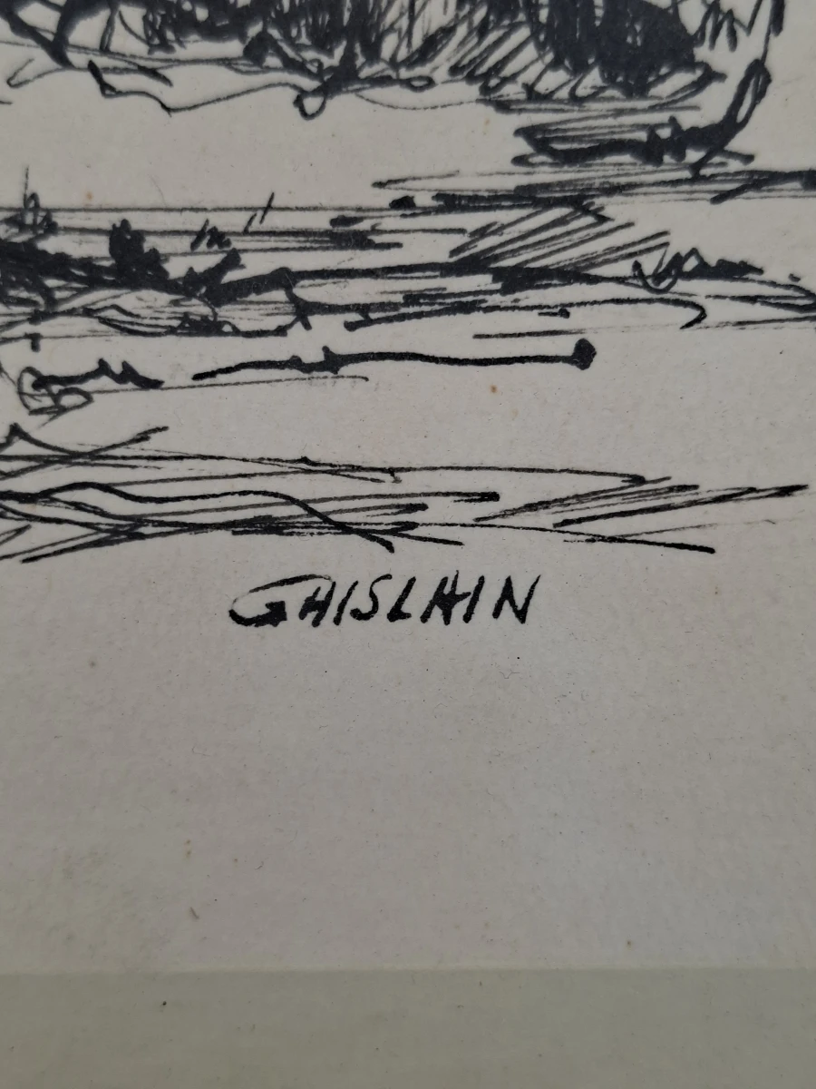 Sfeervolle Ingelijste Inkttekening: "Bomen in het Landschap" – Handgesigneerd door Ghislain - foto 2