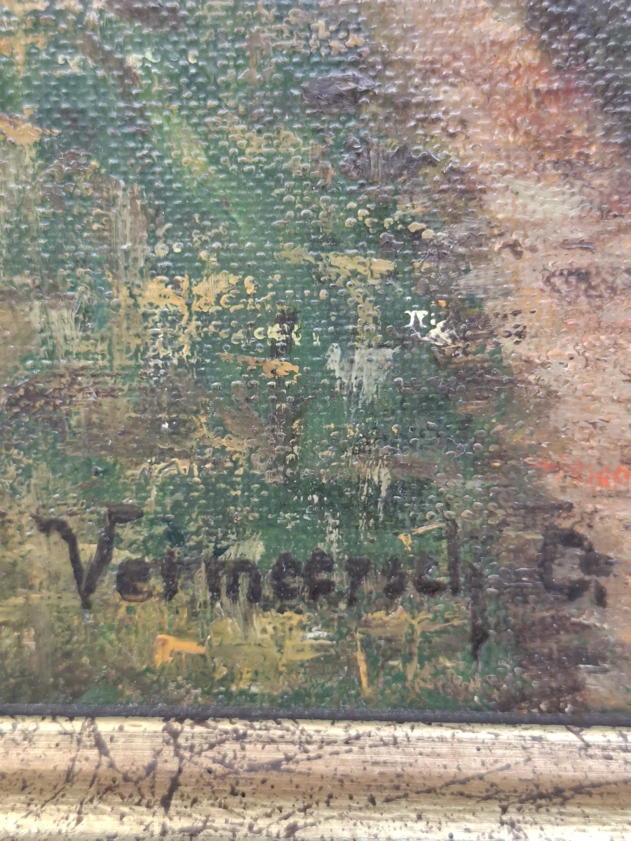 Sfeervol Vlaams Landschap: "Dorpsgezicht Meetkerke" – Origineel Olieverf op Doek door Omer Vermeersch - foto 3