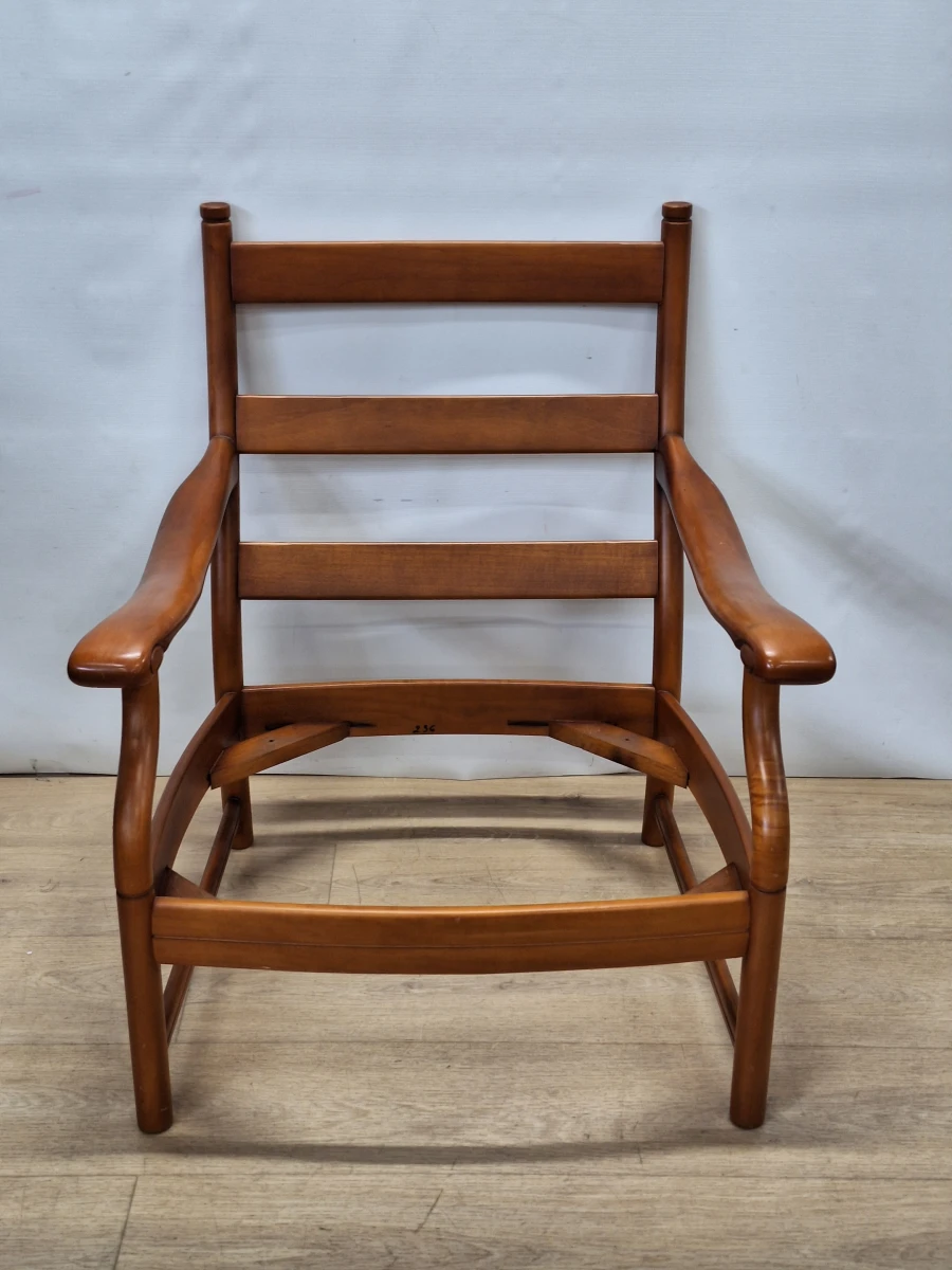 Vintage loungefauteuil in massief hout met blauwgrijze velours bekleding - foto 4