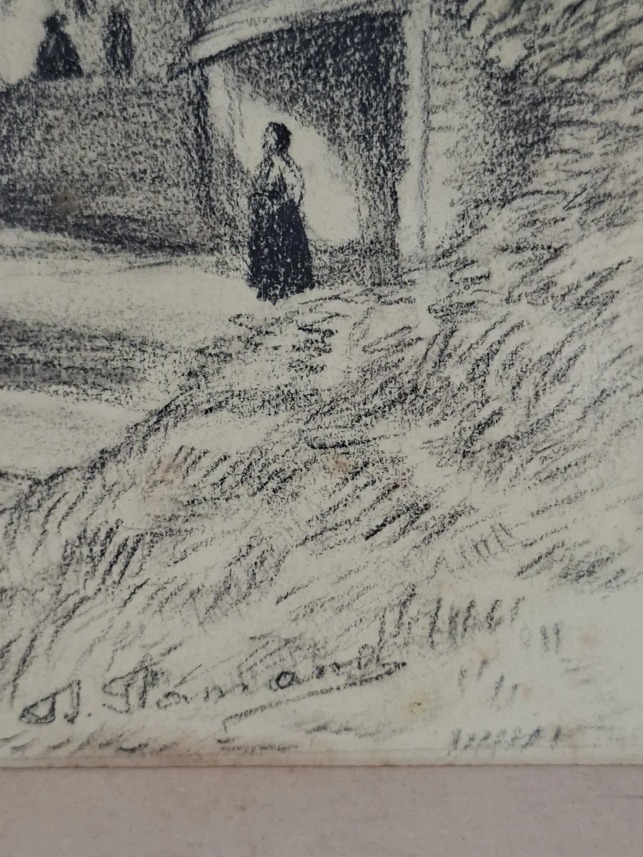 Antieke Litho / Tekening – Nostalgisch Dorpsgezicht met Rietgedekte Cottages – Handgesigneerd - foto 2