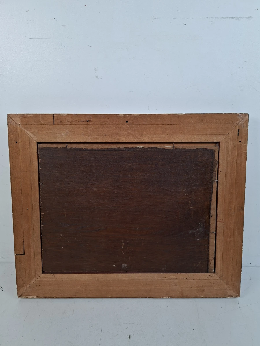 Antiek Olieverfschilderij op Houten Plank – Hollands Riviergezicht – Gemonogrammeerd M.K. - foto 3