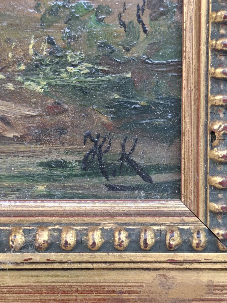 Antiek Olieverfschilderij op Houten Plank – Hollands Riviergezicht – Gemonogrammeerd M.K. - foto 2