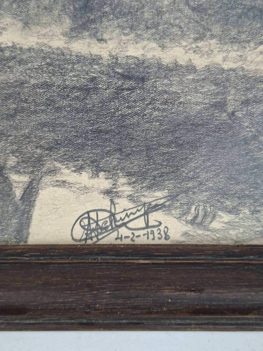 Antiek Houtskool- of Krijtwerk "Wilderness Ranger" – Gedateerd 1938 & Gesigneerd - foto 2